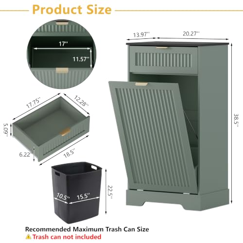 Image of Single 13 Gallon Tilt Out Trash Can Cabinet,Garbage Cabinet with Drawer | Hidden Garbage Storage with Fluted Design, Drawer & Hooks for Kitchen, Dining Room and Small Space Organization,Green