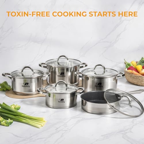 HOUSZY 12PC Cookware Set - Saucepan Frying Pan Casserole Stainless Steel Cookware Non Stick Kitchenware Glass Lids Strong Quality Long Lasting & Durable - Image 8