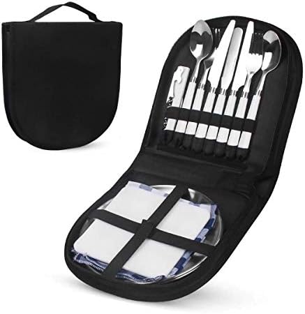 Camping Kitchen Silverware Mess Kit Cutlery Organizer 2 Person Dinnerware Set - 13pcs Eating Utensils Set with Stainless Steel Plate Spoon Serrated & Butter Knife Wine Opener Fork