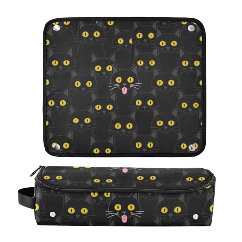 Bolso de viaje para herramientas de cabello con tapete resistente al calor y gran capacidad, negro con gatos y ojos amarillos miniatura 3