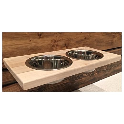 Chic, Floating, Wood, Height-Flexible Wall Mount Dog/Cat/Pet Food & Water Bowl Holder/Feeder with 2 S.S. Dishwasher-Safe Bowls (~ 2 Quart / 64 oz / 1890 ml) for Large Pets. 2-Screw Installation.