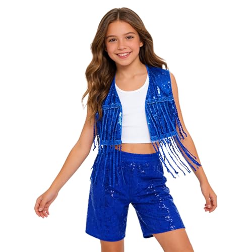 Ropa danse jazz fille bleu royal ensemble gilet short sequins 15 ans