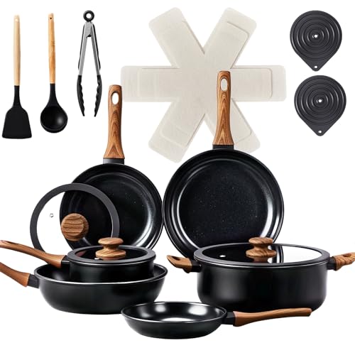 ROVSUN 20 Pcs Nonstick Pots and Pans Set, Cast Aluminum Kitchen Cookware Set, RV Kitchen Cooking Set and Utensils, Dishwasher Safe, PFAS PFOA & PFOS Free, Black