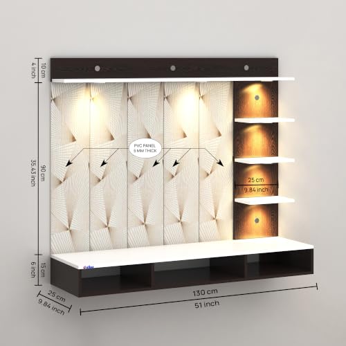 Image of Anikaa Tyron Engineered Wood Wall-Mount TV Unit with PVC Back Panel & LED Lights | TV Cabinet with Storage Box & Decorative Shelves (Wenge /White) | Ideal for TVs up to 43 Inch | DIY Installation