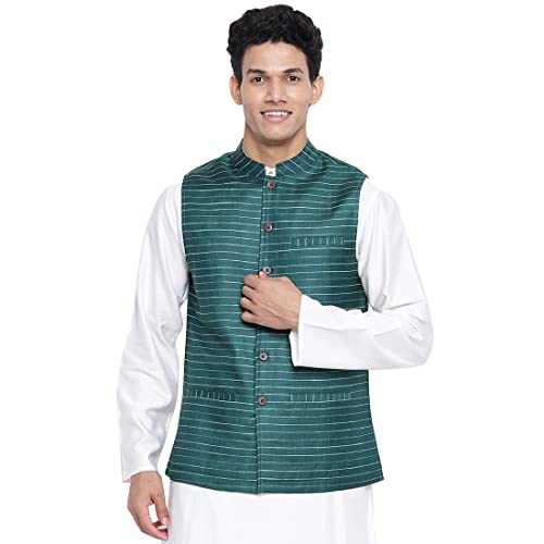 Image of Fabindia Green Viscose Blend Striped Nehru Jacket