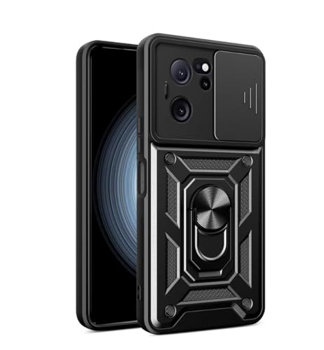 COMAKU Funda para Xiaomi 13T / Xiaomi 13T Pro, Militar TPU+PC Bumper Antigolpes Carcasa Rugged Caso, con Tapa Deslizante y Anillo Soporte - Negro