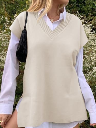 Cicy Bell Womens V Neck Sleeveless Sweater Vest Oversized Ribbed Knit Side Slit Pullover Tank Tops3