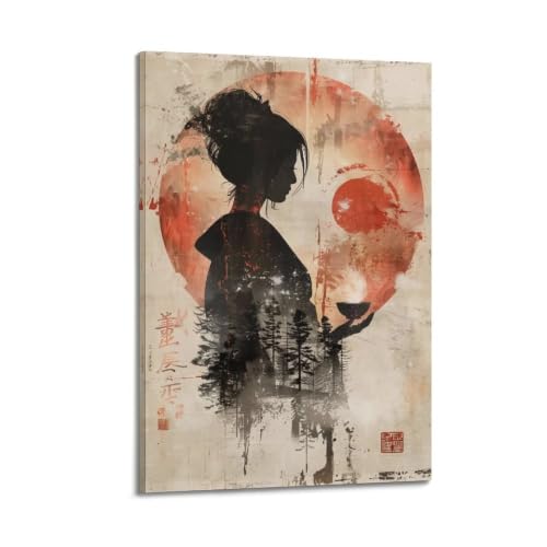 Impression sur bois japonaise femme zen déco chambre vintage
