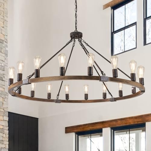 Benkut Farmhouse Wagon Wheel Chandelier 47' Black Rustic Light Fixtures 18-Light Wood Round...