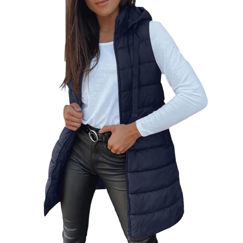 Lazzboy Steppweste Damen Lang Ärmellose Weste Mit Kapuze Steppmantel Warmer Wintermantel Reissverschluss Longweste Taschen Daunenweste Übergangsjacke Für Herbst Und Winter (Dunkelblau,M)