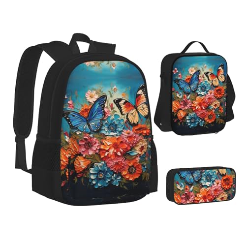 nanger Flowers And Butterfly Print 3-Piece Set Backpack, Lunch Bag And Pencil Case, For Travel, College, And Daily Use2