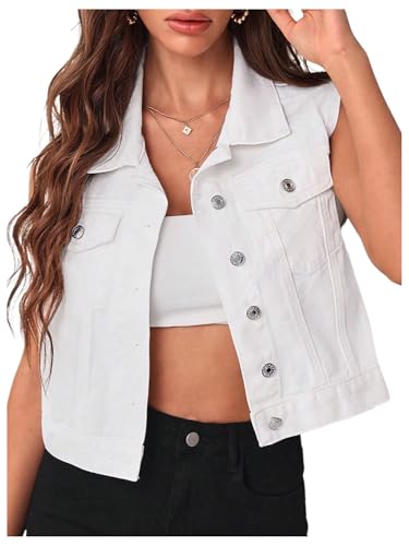 Verdusa Women's Sleeveless Button Front V Neck Denim Crop Vest with Flap Pocket