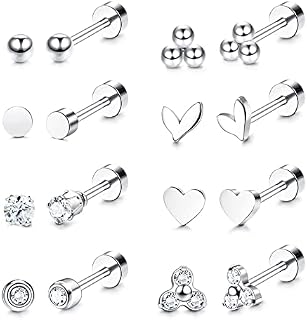 CASSIECA 8Pairs 316L Stainless Steel Heart Tiny Ball Stud Earrings for Women Men Cute CZ Inlaid Stud Earring Set Cartilage Helix Ear Piercing Set Flat Back Earrings Barbell Earrings for Girls