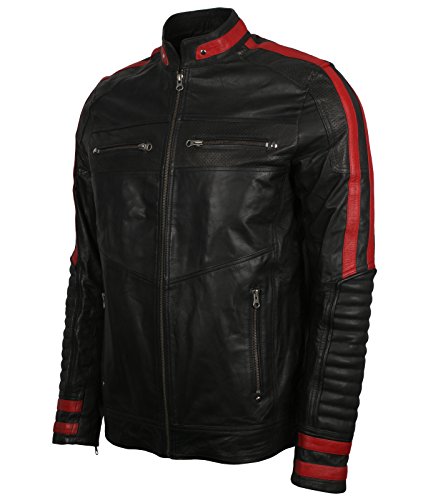Men's Leather Jacket Black & Red Slim Fit Biker Vintage Motorcycle Cafe Racer
