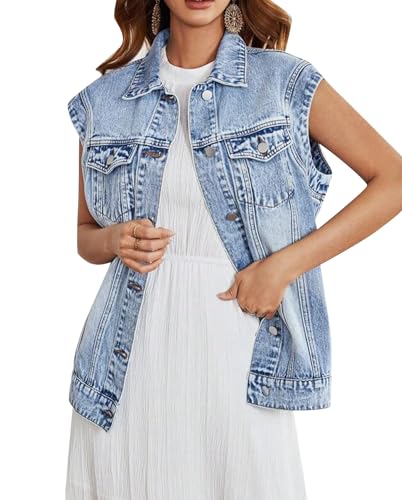 LifeShe Women Denim Vest Jacket Oversized Cap Sleeve Jean Jacket Waistcoat for Women Button Down Summer Top2