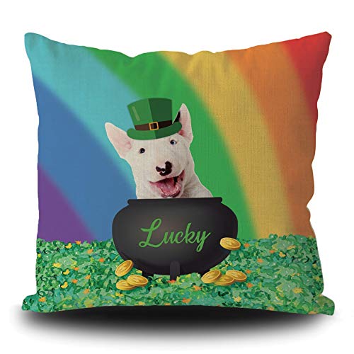 BAGEYOU Happy St. Patrick's Day Shamrock Decor Pillow Cover with Lucky Dog Bull Terrier in Green Hat Rainbow Golden Decorative Square Linen Throw Cushion Case 18 x 18 Inch Pillowcase