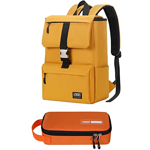 Echsrt 16 Inch Laptop Backpack Water Resistant Casual Daypack Bag & Large Pencil Case Pen Pouch Stationery Bag With Handle 2Pack Yellow & Orange #TOP8