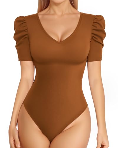 MANGOPOP Women's V Neck Puff Sleeve Short Sleeve Fitted Bodysuit,Camel,XL