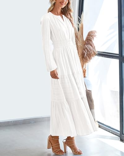 BTFBM Fall Dresses for Women 2025 Casual Long Sleeve V Neck Elastic Waist Lightweight Maxi Wedding Guest Dress Pockets