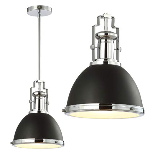 Image of JONATHAN Y Homer Industrial Dome Pendant 10 inch, Black /Chrome | 1-Light, Farmhouse Style, Adjustable Hanging Height, Glass Diffuser, Sloped Ceiling Compatible, Metal, LED Bulb Included