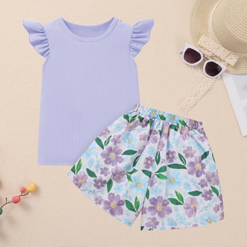 Toddler Baby Girl Summer Clothes Ruffled Sleeve Ribbed Knit T-Shirt Tops Cute Floral Shorts Set 2Pcs Outfits 2-8Y2
