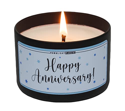 Moonlight Makers Happy Anniversary Caribbean Teakwood Scented Candle - Handmade Natural Soy Candle Wax, 25 Hour Burn Time, for Women, Unique Housewarming Gifts, Room Decor - 8oz Tin