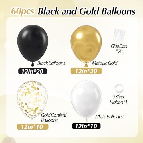 Image of 12inch Black White and Gold Balloons with White Metallic Gold Balloons | Graduation, Anniversary, Birthday Party Decorations, Wedding