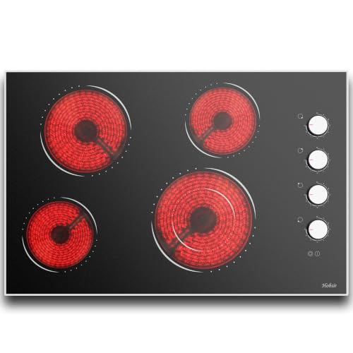 Electric Cooktop 30 Inch Hobsir 4 Burner Electric Stove Top 6700W Knob Control Built in Cook top 30 Electric Stove Top Burner with Glass Protection Metal Frame Double-ring burner 220-240v