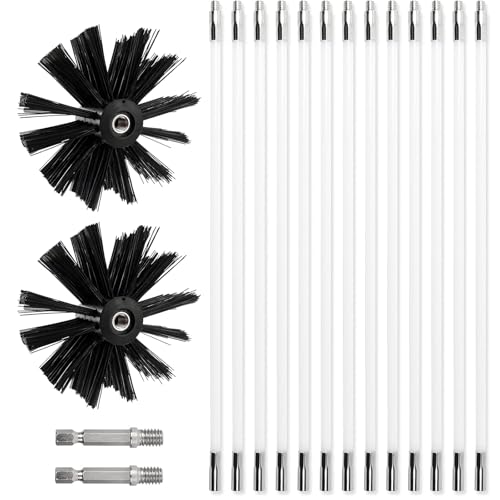 Kit de brosse de cheminée, 4,9 m, diamètre : 150 mm, 12 tiges flexibles de 410 mm et 2 têtes de brosse, brosse de ramonage, pour cheminée, tuyaux, sèche-linge