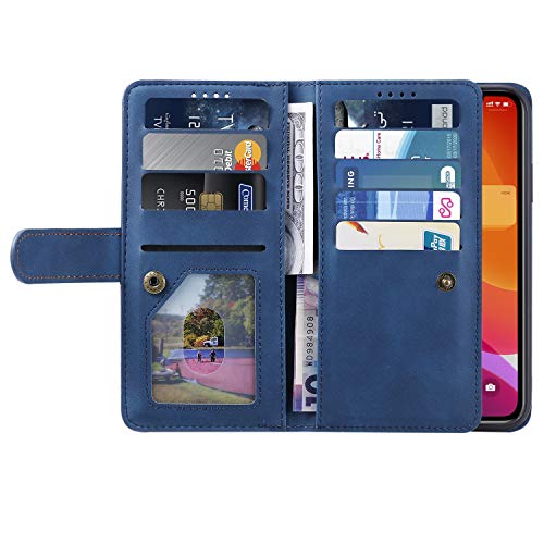 EYZUTAK Wallet Phone Case for iPhone 14, Retro Matte 9 Card Holder Slots Zipper Pocket Case PU Leather Magnetic Closure Kickstand with Wrist Strap Folio Flip Case - Blue - Image 7