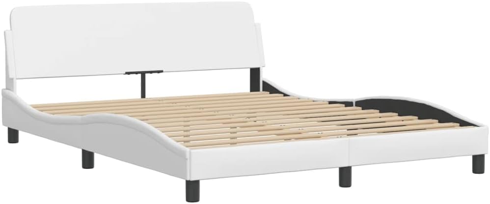 Bed Frame Viana with LED Lights White Faux Leather Platform Foundation 59.8"x79.9" Sturdy Slatted Nonslip Headboard Modern Bedroom Furniture for Mattress Support