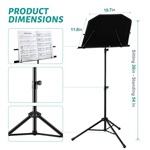 Vekkia Metal Folding Sheet Music Stand - Portable Lightweight Music Stand For Sheet Music With Carrying Bag&Deluxe Fabric Tray Sleeve,Adjustable Music Holder,Black #TOP1