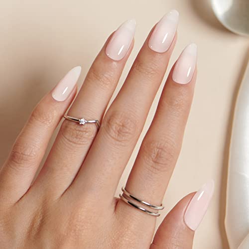 Lacheer Handmade Gel Press On Nails Almond Shape, Jelly Fake Nails Press Ons,Milky White Acrylic Press On Nails Medium, Semi-Transparent False Nails With Designs Reusable Full Cover Stick On Nails With Nail Glue In 12 Sizes Nails For Women Men Girls, Milky Way #TOP4