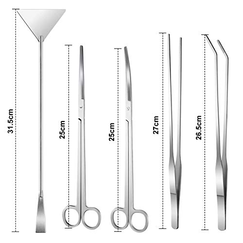 5 in 1 Aquarium Werkzeug Set Pinzette Schere Kiesspatel Spachtel Aquascaping Werkzeugset aus Premum Edelstahl für die Pflanzenpflege und Gestaltung