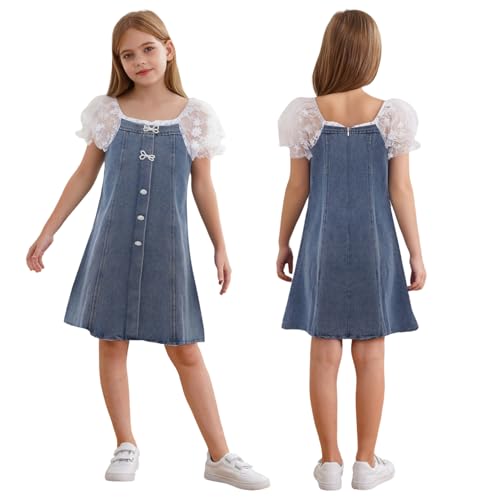 YiZYiF Kids Girls Summer Denim Dress Square Neck Lace School Outfits Pearl Decorated Casual Playwear
