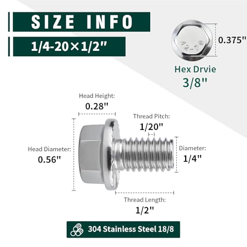Image of 1 /4-20 x 1 /2 inch Flanged Hex Head Bolts Screws, 304 Stainless Steel 18-8, Full Thread, Coarse Thread, 20 PCS