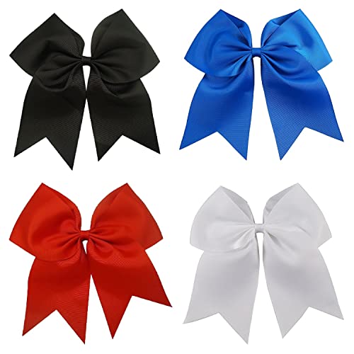 Kenz Laurenz 7" Jumbo Cheer Bow Big Hair Bows with Ponytail Holder Large Classic Accessories for Teens Women Girls Softball Cheerleader Sports Elastics Ties Handmade (4 Pack Basic)