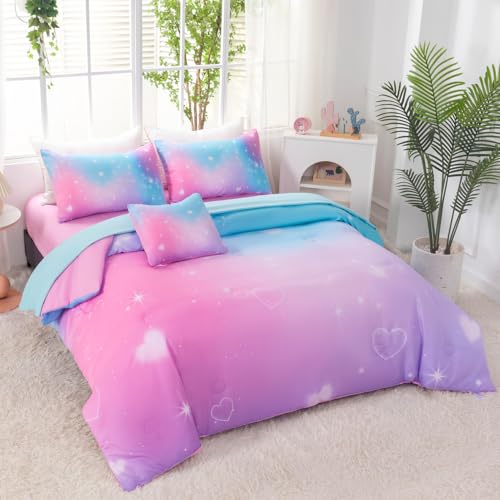 Image of 6 Pcs Glitter Bed in A Bag Full Size Rainbow Galaxy Bedding Comforter Set with Sheets Tie Dye Pink Teal Bubble Heart Print Kids Bed Set (Bubble Heart, Full)