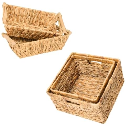 OEHID Wicker Storage Basket Water Hyacinth storage Baskets with Handles, 2 Pack Small Baskets for Storage Shelves + 2 Pack Wicker Storage Baskets for Organizing Cover