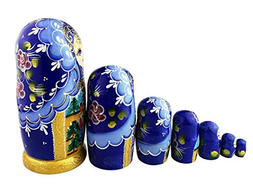 Beautiful Blue And Gold Little Girl And Fairy Tale Pattern Handmade Wooden Traditional Russian Nesting Dolls Matryoshka Dolls Set 7 Pieces For Kids Toy Birthday Christmas Decoration #TOP2