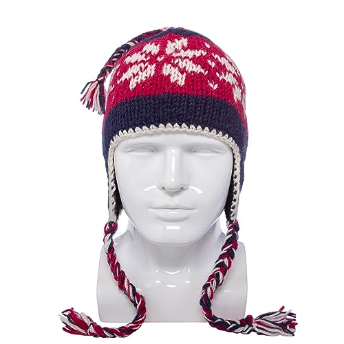 Hand Knit Sherpa Wool Unisex Hat with Micro Fleece Lining with Snowflake Pattern - Ear Flaps - Toque - Beanie