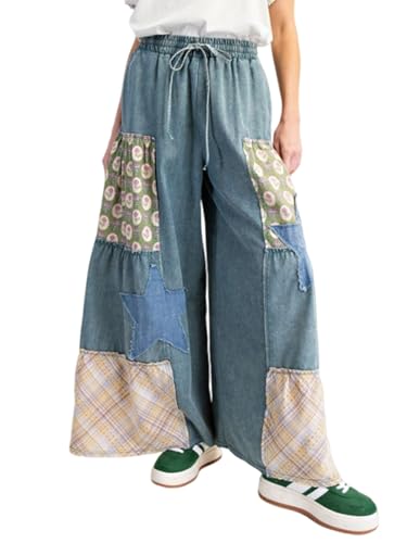 utcoco Women's Y2k Trendy Patchwork Wide Leg Jeans Drawstring High