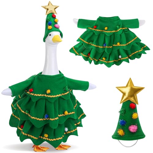 Watayo 2 Pcs/Set Christmas Tree Porch Goose Outfits Lawn Goose Statue Xmas Tree Costume Green Christmas Garden Goose Clothes Dress and Hat for 23 High Statue Xmas Holiday Patio Yard Decor