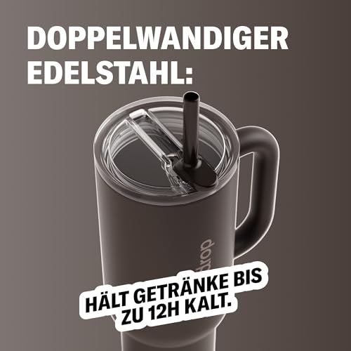 waterdrop® Thermobecher mit Strohhalm 1,1L – Auslaufsichere, robuste Trinkflasche mit aufklappbarem Trinkhalm, Hält 12h kalt, Trinkbecher mit Deckel, isolierte Edelstahlflasche 4