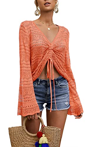 Image of Saodimallsu Womens Boho Off Shoulder Sheer Crop Tops Bell Sleeve Flowy Oversized Crochet Ruched Pullover Sweaters