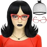Anogol Linda Wig - Flip Bob Synthetic Wig, Black, Shoulder Length, Flipped Ends, Perfect for Women's Halloween, Cosplay, Party Looks 60s-80s