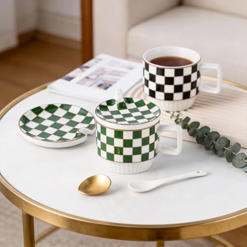 ASLASL Ceramic Checkered Coffee Mug Set, Black & White Grid Tea Cup with Saucer and Spoon, Stylish Kitchen Drinkware for Coffee, Tea (Green) by ASLASL - Used condition - Image 6