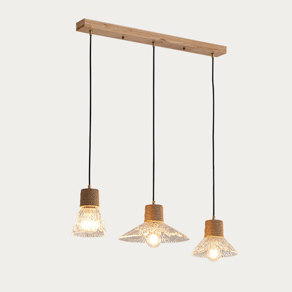 Lustre de salle à manger en bois 3 lumières avec abat-jour en verre E27