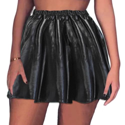 Ushiny Mujer Casual Brillante Expuesto Plisado Mini Falda Elástica Metálica Línea A-Falda de Cintura Alta Mini Falda para Mujer y Niñas