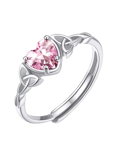 ChicSilver Anillo Ajustable Mujer Plata de Ley 925 Nudo Celta Irlandes Piedra Nacimiento Octubre Turmalina Rosado Claro Circonita Corazón Romántico de Amor Eterno
